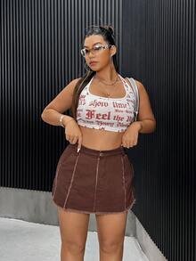 SHEIN ICON 大尺碼破洞拼接洗水牛仔迷你裙 - 咖啡棕 - 查看 3