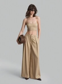 Ontre Women Khaki Wide Leg Pants, Fall Casual, Back To School - Grey - View 3