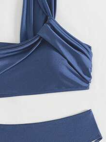 SHEIN Swim 女士夏季海滩纯色扭结单肩性感比基尼套装分体比基尼套装 - 霧霾藍 - 查看 7