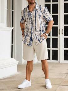 Manfinity Homme Plus 男士扎染拼色短袖翻领衬衫，适合度假和秋季穿着 - 彩色 - 查看 3