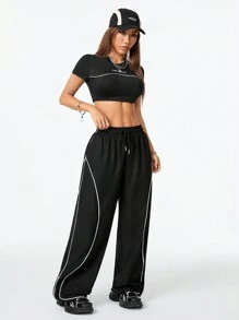 Coolane Conjunto informal de mujeres estilo urbano de verano, que incluye camiseta y pantalones de pierna ancha - Negro - Ver 6