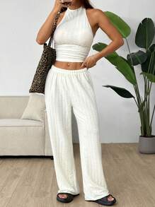 SHEIN EZwear 米色針織女式短上衣＆寬腿褲套裝，無袖領口頸掛領且休閒 - 杏色 - 查看 4