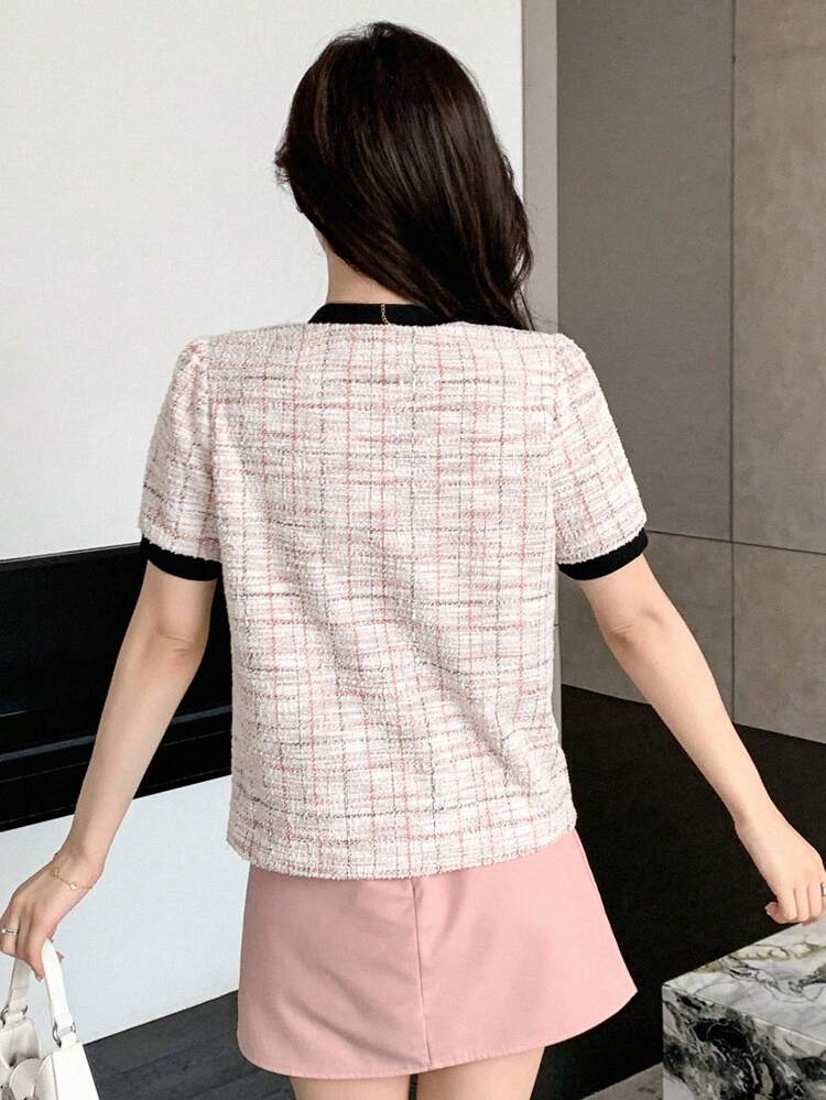 Plaid Contrast Trim Tee For Summer