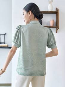 Modelyn Jacquard Puff Sleeve Button Front Hanfu Top, Improved Hanfu Top