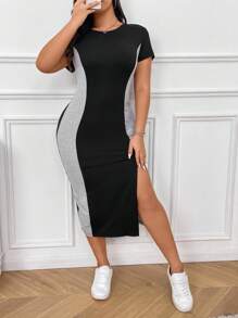 Calvaya Women Plus Size Color Block Round Neck Dress, Summer Outfit - Multicolor - View 6