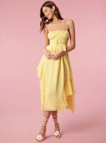 Enchnt 黄色优雅浪漫海滩不对称荷叶边吊带蝴蝶结吊带长裙