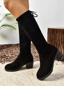 Ladies' Black Chunky Heel Mid-Calf Boots, Elastic Slimming High Heeled Mid-Calf Boots