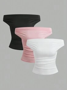 Sweetra 3pcs Solid Off Shoulder Ruched Top - Multicolor - View 1