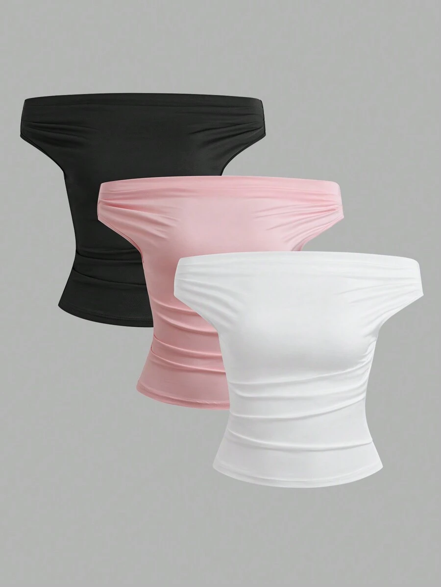 Sweetra 3pcs Solid Off Shoulder Ruched Top - Multicolor - View 1