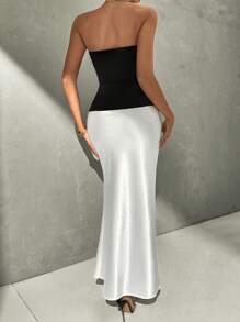 SHEIN Privé Vestido midi elegante y sencillo para mujer con cremallera frontal, cintura ceñida y falda con cola de pez en blanco y negro - perfecto para ir al trabajo, citas, bodas y la vuelta a clase - Multicolor - Ver 3