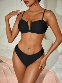 SHEIN Swim 女性夏季海灘純色束頸荷葉邊性感比基尼套裝 - 黑色 - 查看 3