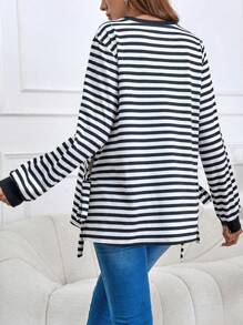 SHEIN Maternity Striped Print Knot Side Sweatshirt With Long Sleeve, For Winter - Black and White - View 2