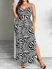 SHEIN Privé Váy Spaghetti dây đeo sọc ngựa vằn thời trang cỡ lớn dành cho nữ - Đen và trắng - Xem 6