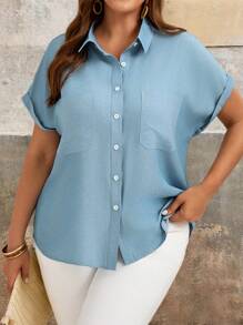 EMERY ROSE Summer Plus Size Women's Solid Color Batwing Short Sleeve Shirt With Pocket And Open Front - Navy Blue - View 1