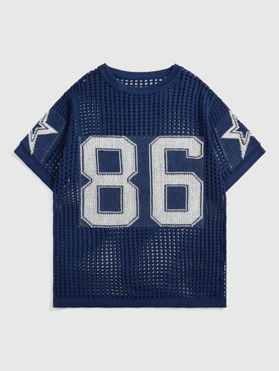 Street Life Men's Streetwear Number Pattern Hollow-Out Short Sleeve Knit Top, Football Style, School