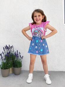 SHEIN Kleine Mädchen Denim Rock mit Muster, Nieten und gewaschenem Effekt, ideal für einen süßen und verspielten Urlaubslook