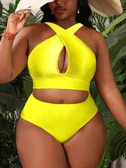 SHEIN Slayr CURVE Plus Size Women's Sexy Hollow Out Bodycon Swimwear Set, Solid Color Fashionable Summer