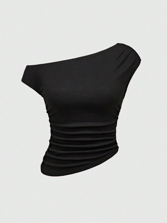 Camiseta moderna sin hombros para mujeres con fruncido en la cintura y cinturón de talla ajustable, unicolor que combina con todo