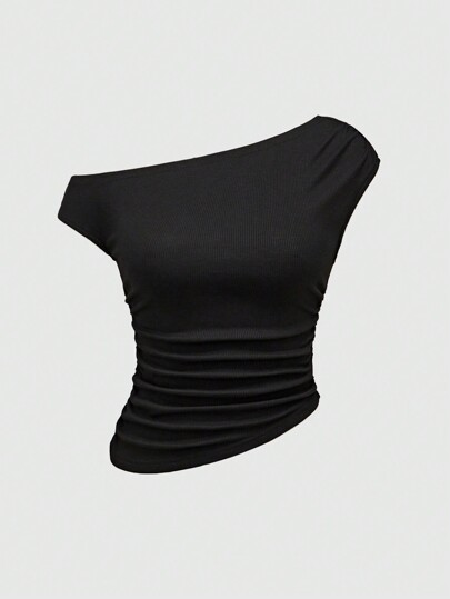 T-shirt épaules nues pour femmes, moderne et de couleur unie, avec fronces à la taille et ceinture de maintien