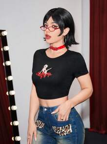 Betty Boop | ROMWE Camiseta corta de verano ajustada con impresión de letra y personaje de dibujos animados