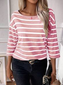 SHEIN LUNE Striped Print Drop Shoulder Tee For Summer Graphic Tees Women Tops Fall Cloth For Women
