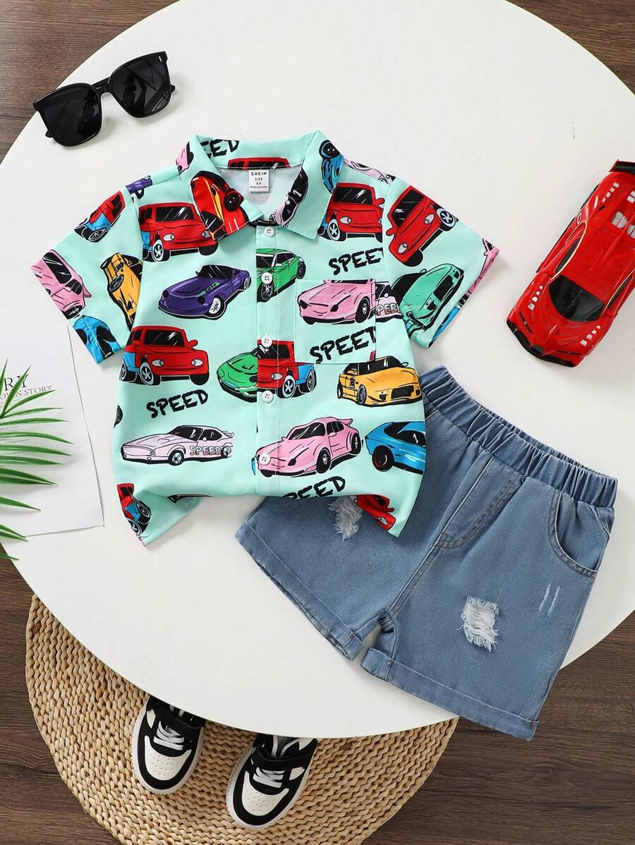 SHEIN Boys' Cute Car Print Short Sleeve Shirt + Ripped Denim Shorts Set, Summer - Multicolor - View 1