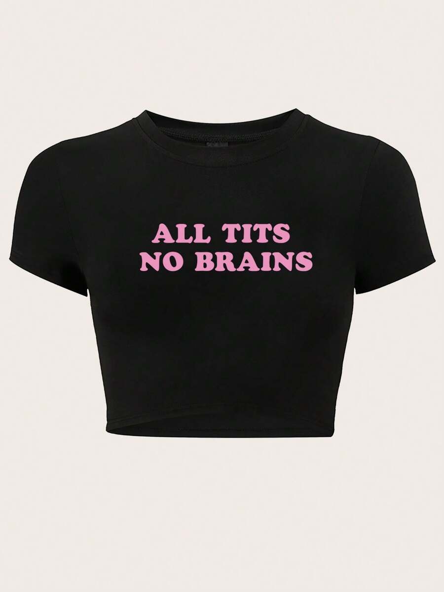 SHEIN EZwear 大码红色标语短款夏季 T 恤，带露脐设计，ALL NO BRAINS - 黑色 - 查看 1