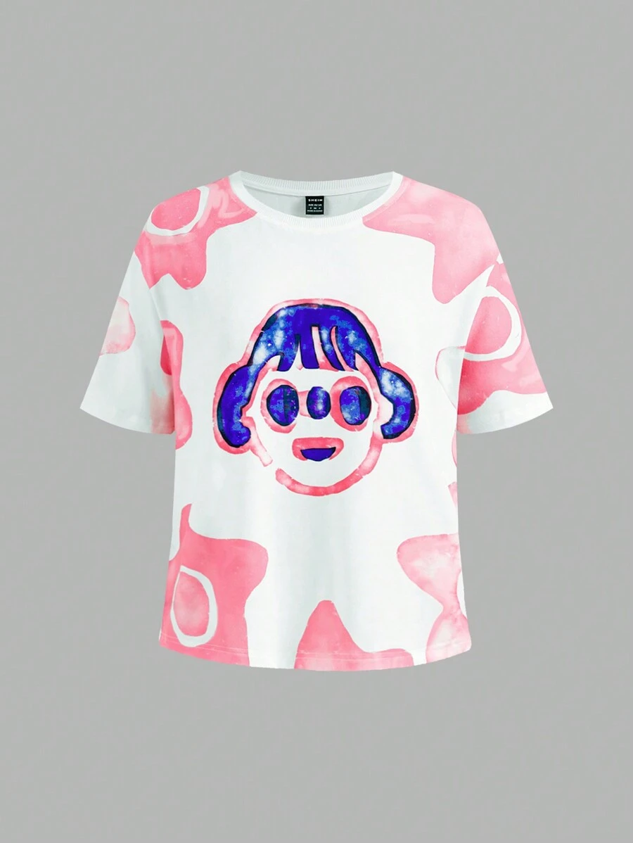 SHEINNeu Women's Summer Cartoon Character Print Short Sleeve Casual T-Shirt  Back To School Outfits School Clothes Moo Funny Short Oversized T Shirt - Multicolor - View 1