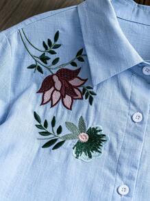 SHEIN Floral Embroidery High Low Shirt Dress Fall Cloth For Women - Light Wash - View 3