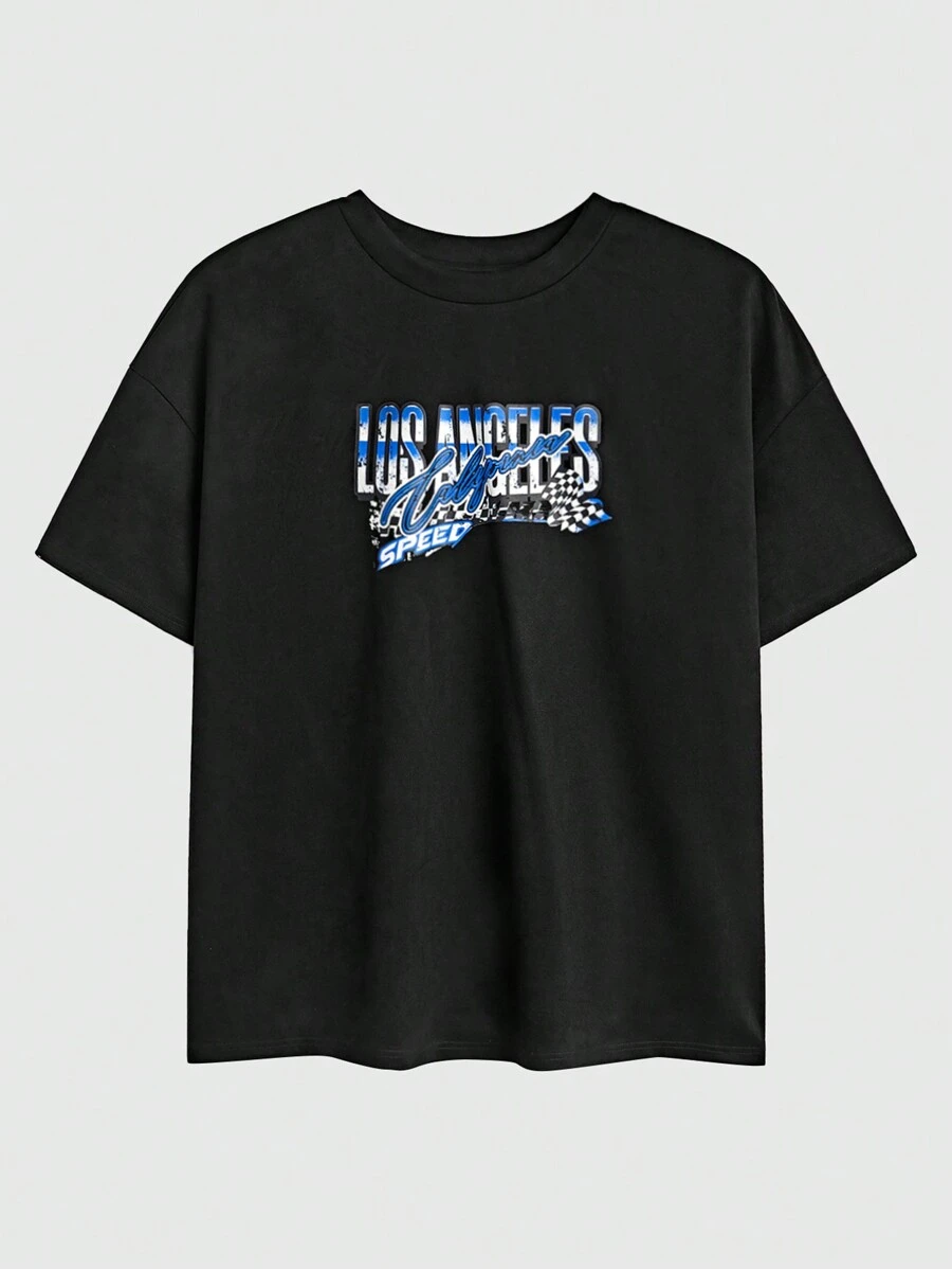 Manfinity VCAY 男士大尺碼休閒針織寬鬆滴肩圓領短袖T卹，帶賽車印花圖案，夏季和日常穿著皆適宜 - 黑色 - 查看 1