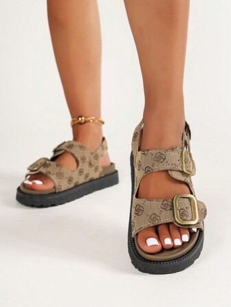 Women's Stylish Wedge Heel Platform Slides With Metal Buckle Decoration, Chunky Bottom Sandals Valentines