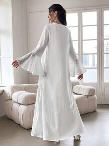 Yasmyna 夏季撞色孔眼刺绣喇叭袖连衣裙，适度长袖超长夏季卡夫坦束腰连衣裙 - 白色 - 查看 3