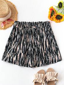 SHEIN LUNE Plus Allover Print Paperbag Waist Tie Front Shorts For Summer Vacation - Multicolor - View 1