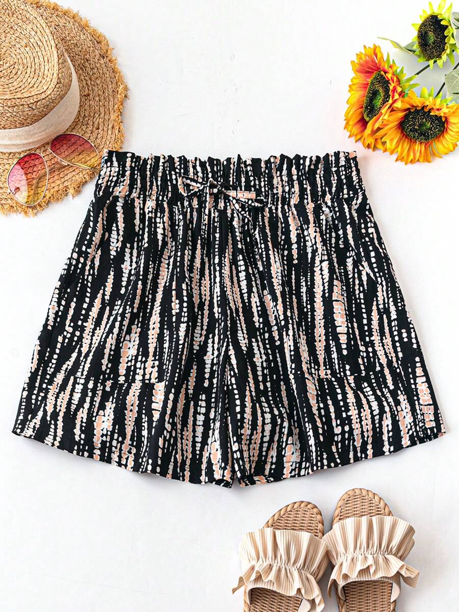 SHEIN LUNE Plus Allover Print Paperbag Waist Tie Front Shorts For Summer Vacation - Multicolor - View 1