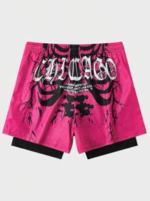 ROMWE MEN Street Life Men's Slogan Print 2 In 1 Shorts, Suitable For Spring And Summer - Multicolor - View 2