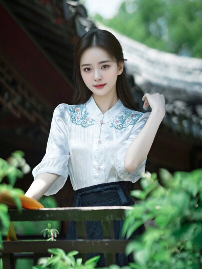 New Chinese Style Embroidery All-Match Top, White Shirt With Chinese Han Embroidery Elements