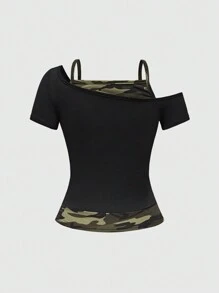 ROMWE Women's Summer Casual Camouflage Printed Asymmetric Collar Short Sleeve T-Shirt, Embrace The Beauty Around You Stay Hopeful Keep Believing Keep Growing Be Kind To Yourself Shine Bright Like A Star Live Love Laugh, School