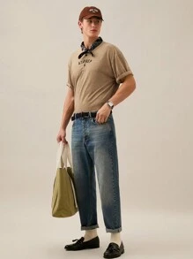 Manfinity VCAY Men's Loose Fit Short Sleeve Polo Shirt With English Printed Pattern, Suitable For Summer,Back To School - Brown - View 5