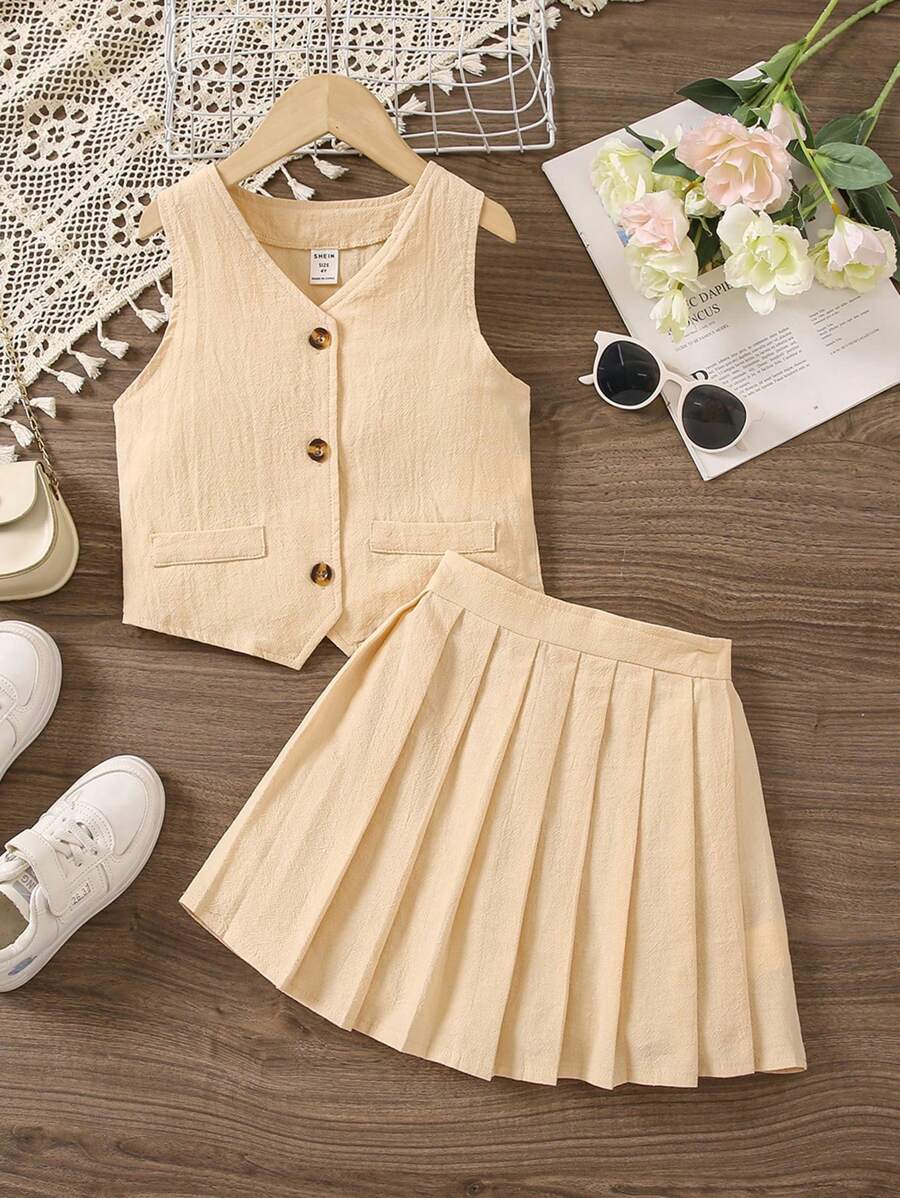 SHEIN 少女夏季纯色单排扣上衣搭配百褶裙休闲两件套，尽显淑女优雅气质 - 卡其色 - 查看 1