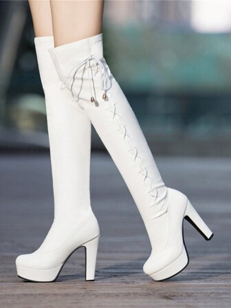 2024年秋冬新款超高跟性感过膝长靴，粗跟，显瘦，防水台，弹力，大码，女士