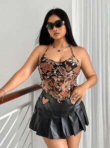 SHEIN ICON Plus Size Vintage Plant & Floral Mesh Print Triangle Scarf Hem Pleated Camisole Neck-Hanging Camisole