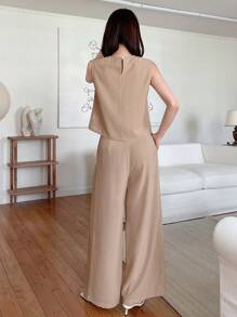 DAZY Conjunto de dos piezas de mujer con top sin mangas de un solo color y pantalones de pierna ancha para el verano