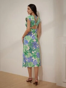 Aveloria Rosie Vestido de verano elegante con mangas cortas con diseño floral aleatorio y escote en forma de V profundo