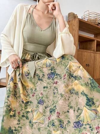 Modelyn Effen jas en bloemenprint, geknoopte voorkant, lange mouwen jurk, Hanfu sets