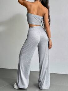 SHEIN EZwear Women Summer Grey Fine Ribbed Tube Top And Casual Knit Pants Set - Grey - View 2