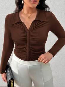 SHEIN Privé Slim Fit Turn-Down Collar Pleated Plus Size T-Shirt - Brown - View 6