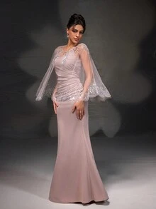 New Arrival Pink Lace Shawl Bodycon Mermaid Evening Dress Set - Pink - View 1