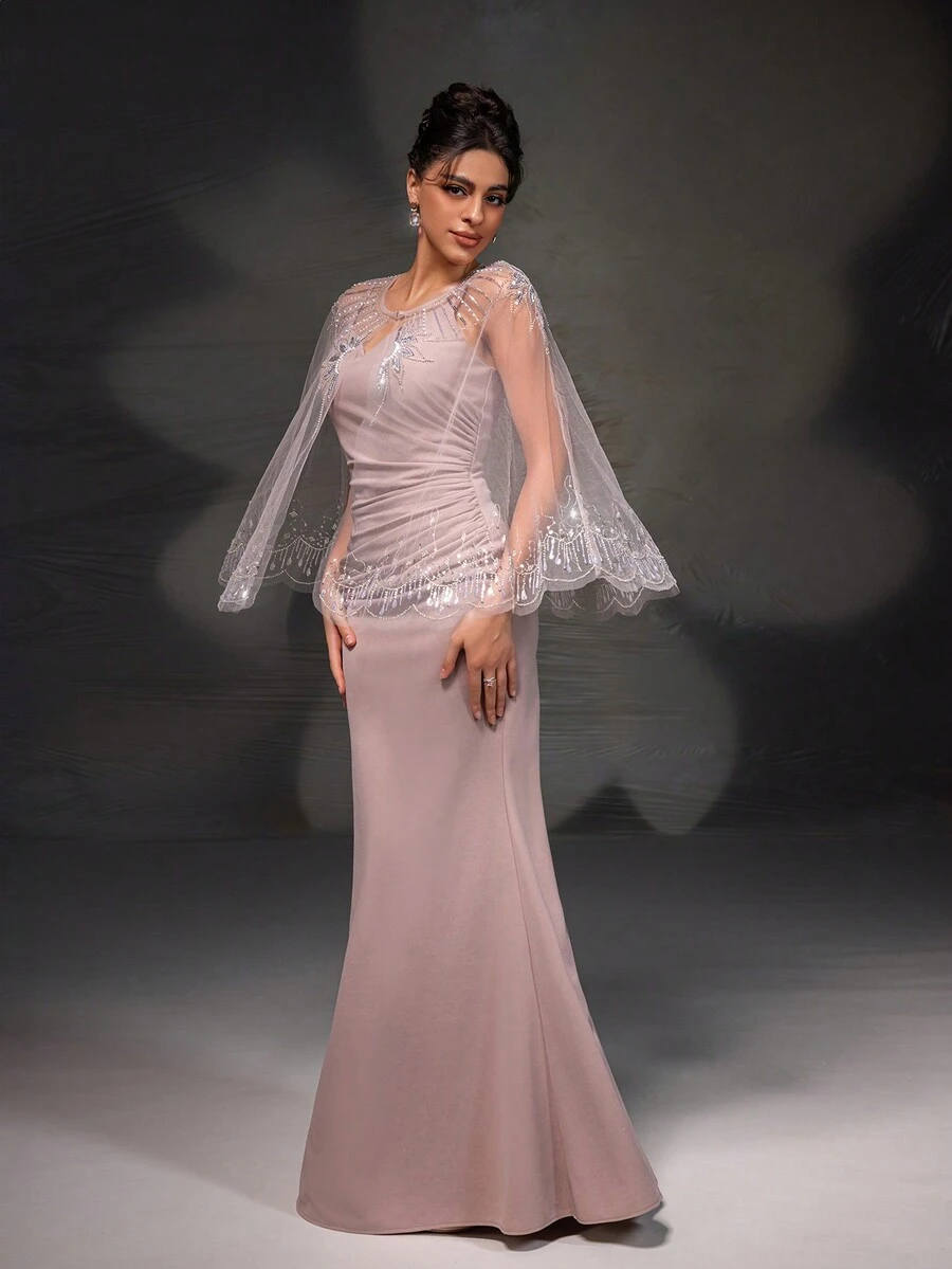 New Arrival Pink Lace Shawl Bodycon Mermaid Evening Dress Set - Pink - View 1