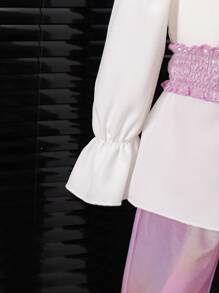 SHEIN Young Girls' Elegant White Long-Sleeved Top And Denim Pants Set, Spring/Summer - Purple - View 5