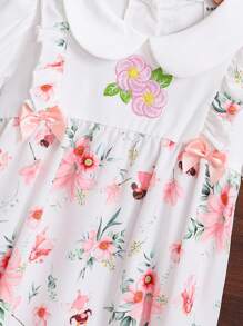 Baby Girl Summer New Embroidered Romper With Lovely Pattern, White Ditsy Floral Patchwork Knit Peter Pan Collar Jumpsuit, Suspender Shorts With Short Sleeves, Lightweight - Pink - View 3